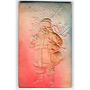 Santa Claus Christmas Postcard Airbrushed Deep Embossed Holding X-mas Tree Toys
